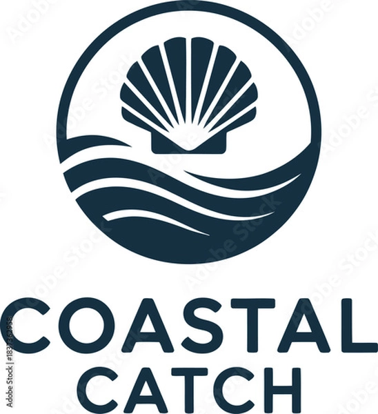Fototapeta Coastal catch logo with stylized scallop shell and ocean waves