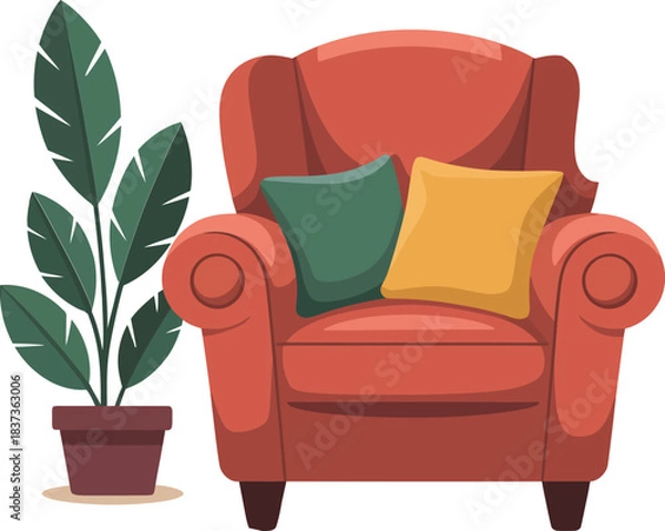 Fototapeta Cozy red armchair with two decorative pillows and potted plant