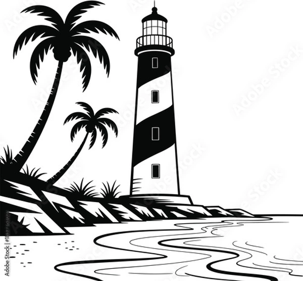 Fototapeta Coastal lighthouse illustration with palm trees and ocean shore