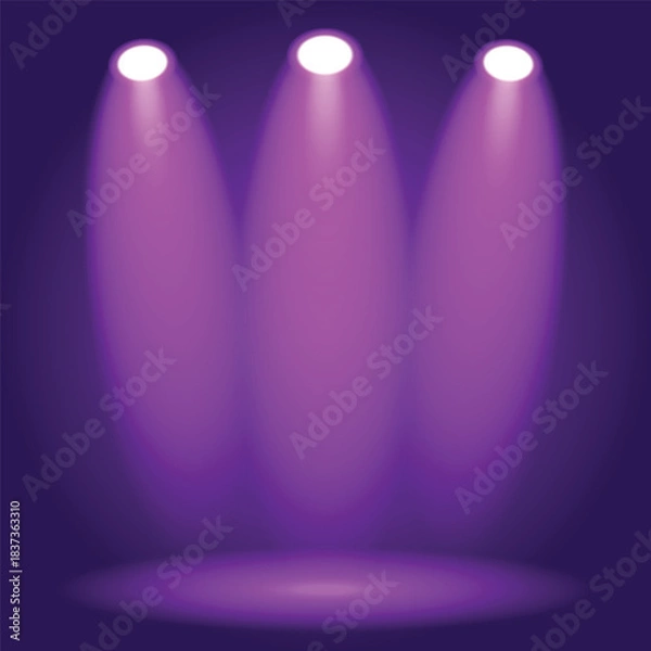 Fototapeta Three vibrant purple spotlights illuminating an empty stage, creating a dramatic and captivating atmosphere for any event