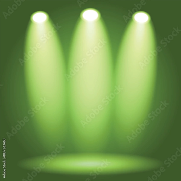 Fototapeta Vibrant green spotlight beams illuminate an empty studio background, ideal for product display or abstract concepts.