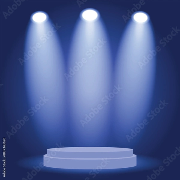 Fototapeta Three bright spotlights illuminating a round podium or product display stage, perfect for presentations on a deep blue background.