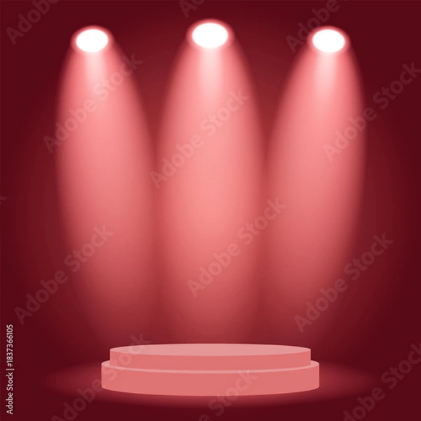 Fototapeta Red podium stage with three bright spotlights illuminating a circular platform, ideal for product display or presentation backdrop.