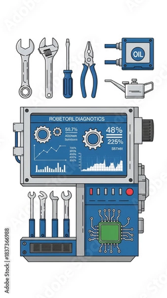 Obraz Advanced diagnostic machine with tools for mechanical and robotic repair, featuring digital analysis and traditional instruments for efficient maintenance