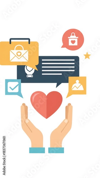 Obraz Conceptual illustration of hands holding a heart, surrounded by digital communication and business icons, symbolizing customer care, online support, and building lasting relationships