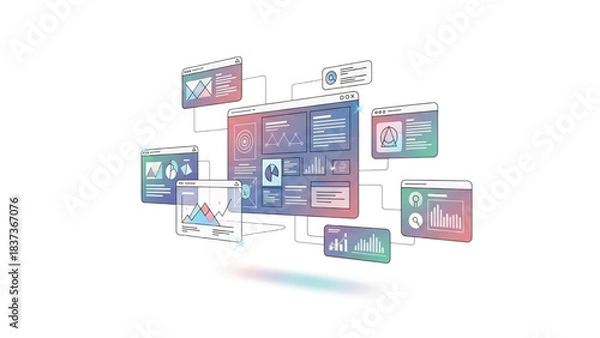 Obraz Concept of business intelligence and data analytics visualization across multiple digital interfaces, showcasing financial reporting and information technology dashboards for modern management