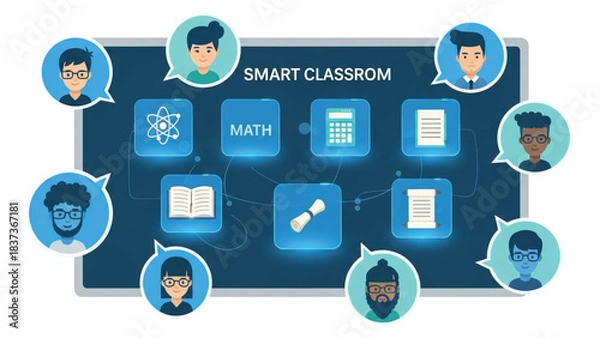 Obraz Interactive online education platform illustrating a smart classroom experience with student avatars and diverse subject icons connected digitally