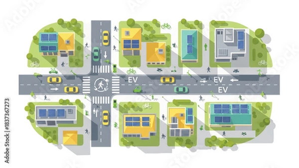 Obraz Top-down view of a modern eco-city with solar-powered houses, electric vehicles, and green streets, highlighting sustainable urban development and smart living concepts