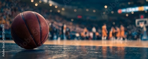 Fototapeta A basketball on the court in the foreground, with a blurred background of fans and players. Web banner with copy space on the left side. High resolution, realistic photo, hyper-detailed