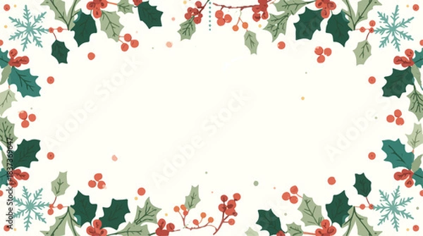 Obraz Vector illustration of a Christmas holiday background with a flat design style, featuring vibrant colors and simple shapes, including snowflakes, holly leaves,