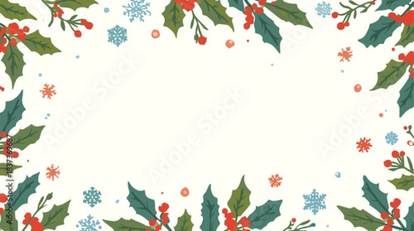 Obraz Vector illustration of a Christmas holiday background with a flat design style, featuring vibrant colors and simple shapes, including snowflakes, holly leaves