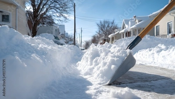 Fototapeta A snow shovel is being used to clear the heavy, white snow from an outdoor sidewalk in winter. The focus of the shot appears to be on capturing the action and texture of shoveling snow with the spade