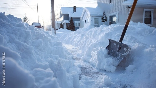 Fototapeta A snow shovel is being used to clear the heavy, white snow from an outdoor sidewalk in winter. The focus of the shot appears to be on capturing the action and texture of shoveling snow with the spade