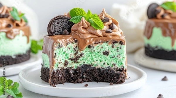 Obraz Mint Chocolate Cheesecake Delight: A delectable slice of mint chocolate cheesecake, layered with a rich chocolate ganache, a refreshing mint cream, and a crunchy cookie base.