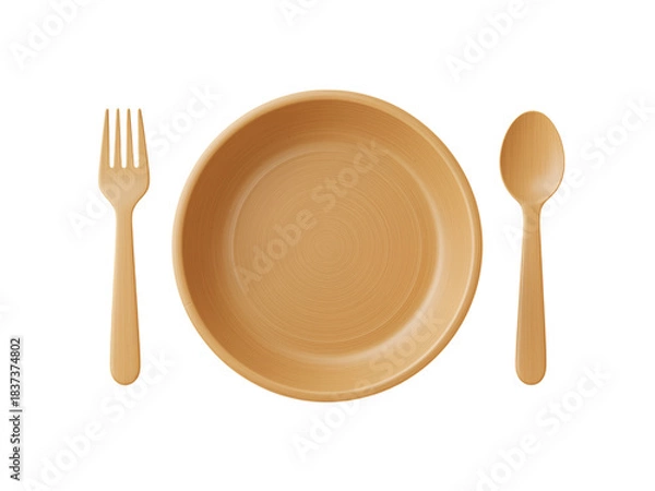 Fototapeta Wooden fork and spoon on white table with plate and cutlery set