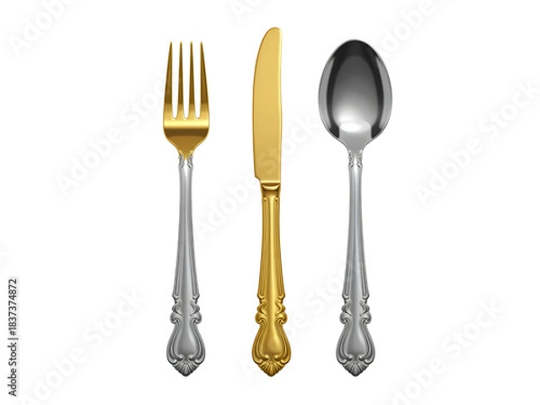 Fototapeta Fork knife and spoon silverware set on white background