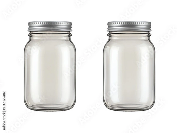 Fototapeta Empty transparent glass jars and bottles isolated on a white background
