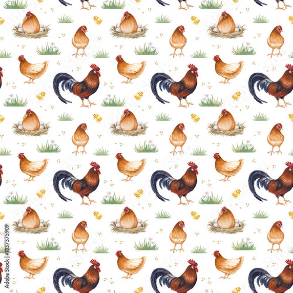Fototapeta Seamless pattern of a poultry yard on a white background. Watercolor illustrations depicting brown hens, a rooster, chickens and grass. Realistic drawing of farm birds for agriculture, packaging