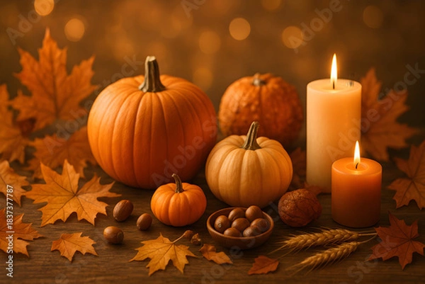 Fototapeta Cozy Thanksgiving holiday background in warm colors