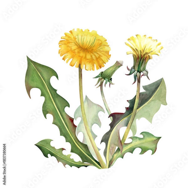Fototapeta A yellow dandelion flower with a bud and green leaves on an isolated background. Watercolor illustration with a realistic wildflower. A clipart for summer themes and postcards.