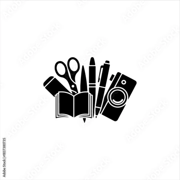 Obraz bundle of 7 random object silhouettes  scissors, book, pen, camera, solid black fill, white background