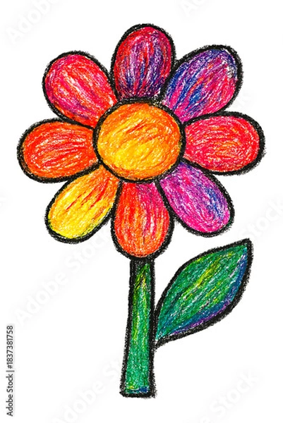 Fototapeta Adorable Hand-Drawn Flower Illustration — Colorful Blossoming Bloom with Petals, Stem, and Leaf in Childlike Crayon and Colored-Pencil Sketch Style, Playful, Cheerful, Vibrant, and Bright, Perfect for