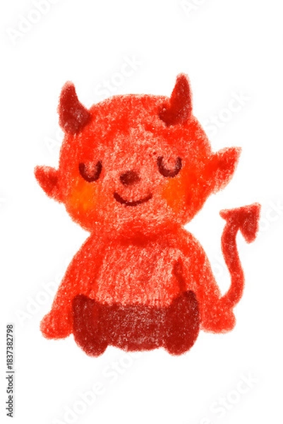 Fototapeta Hand-Drawn Cute Devil Cartoon Character — Baby Red Demon with Horns and Tail, Smiling Happily in Chibi Style, Playful, Whimsical, Innocent, and Childlike Fantasy Creature, Perfect for Kids Art,