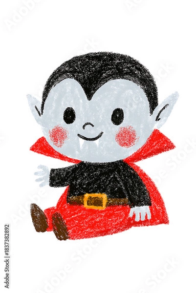 Fototapeta Adorable Hand-Drawn Baby Vampire Cartoon Character — Cute Little Dracula with Red Cape, Black Outfit, Fangs, and Pointy Ears, Sitting and Smiling Happily, Playful and Innocent Fantasy Creature, Perfec