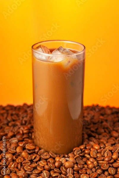 Fototapeta A glass of coffee with ice cubes in it is sitting on a pile of coffee beans