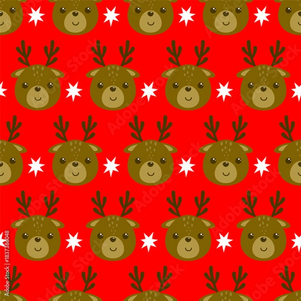 Obraz Christmas vector seaamless pattern with cute reindeer faces on red backgroun. 