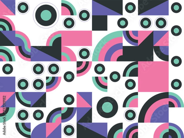 Fototapeta Colorful retro seamless vector pattern with hearts, dots, and artistic circle decoration for a fun backdrop design