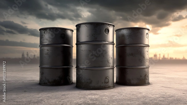 Fototapeta Three metal drums stand silhouetted against a dramatic sky, hinting at industrial themes and environmental concerns. The cityscape background adds depth. #Industrial #Environment
