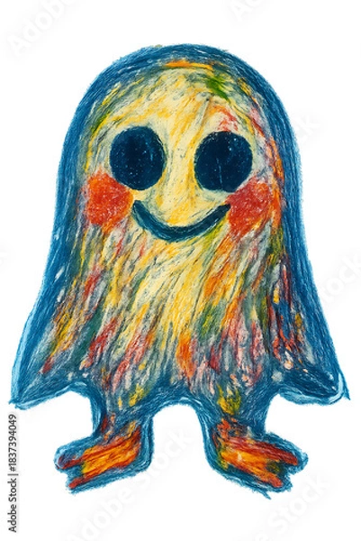 Fototapeta Cute Friendly Ghost & Colorful Monster – Hand-Drawn Crayon Art Character with Vibrant Childlike Doodle Style Elements Collection
