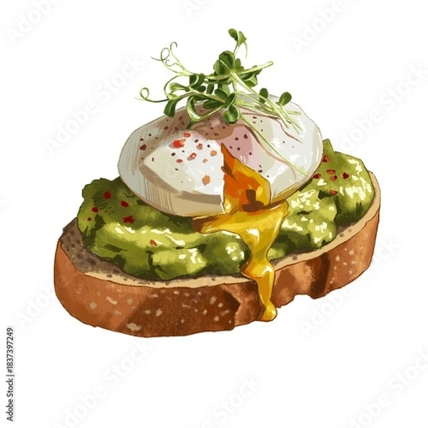 Fototapeta Delicious toast topped with avocado, poached egg, and sprouts served on a wooden table in a bright kitchen