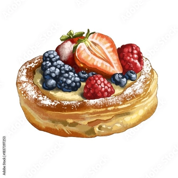 Fototapeta Fresh pastry topped with mixed berries and cream served on a white background during daytime