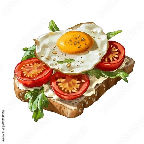 Fototapeta Delicious open-faced sandwich with tomato, arugula, and fried egg on whole grain bread served for breakfast