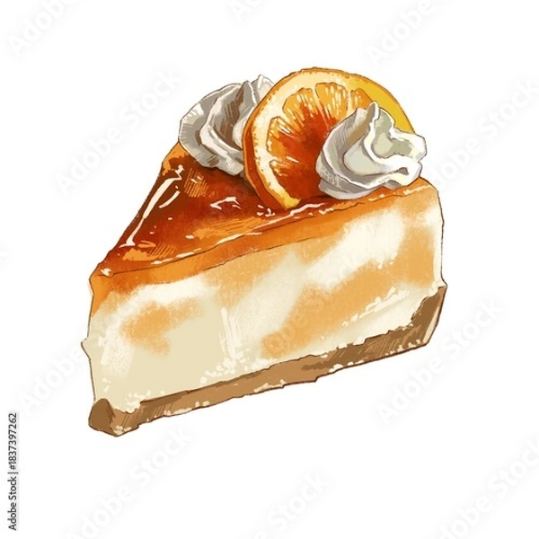 Fototapeta Delicious cheesecake slice topped with orange and whipped cream served on a plain plate