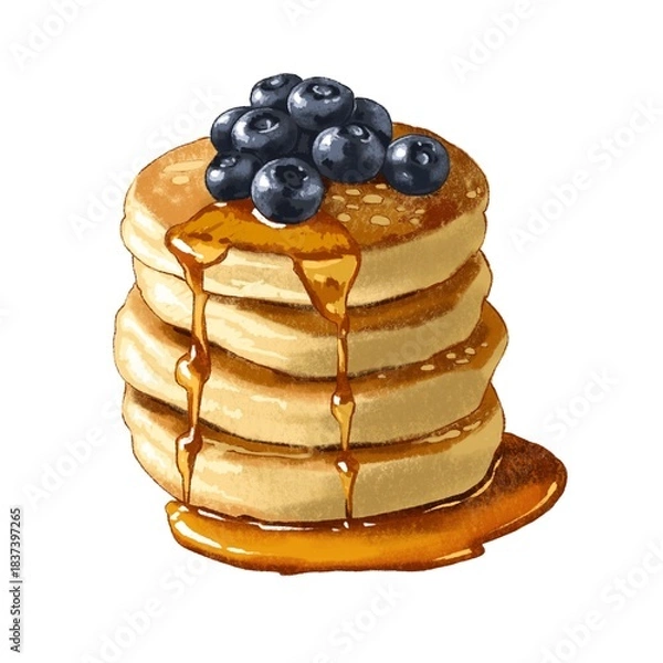 Fototapeta Stack of pancakes topped with blueberries and syrup on a simple plate for breakfast