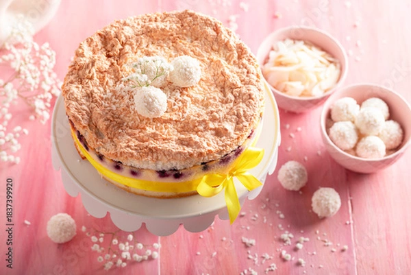 Obraz Delicious and tasty coconut cheesecake with meringue and mascarpone.