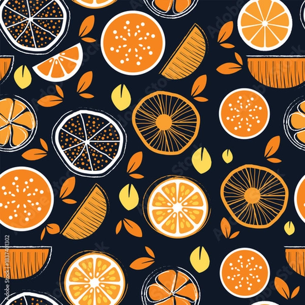 Fototapeta Seamless pattern of stylized oranges and leaves on dark blue