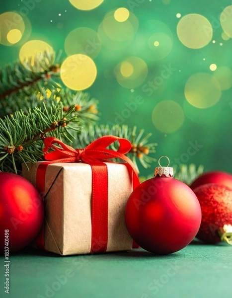 Fototapeta Adornos navideños rojos, una pequeña caja de regalo envuelta y ramas de abeto iluminadas cálidamente en primer plano. El fondo desenfocado con luces bokeh verdes crea una atmósfera navideña acogedora