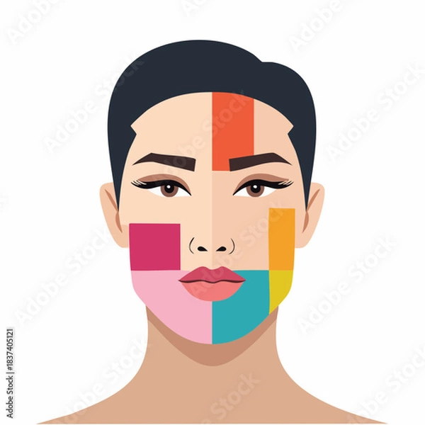 Obraz A woman's face divided into colorful sections for makeup tutorial illustration viewed from the front