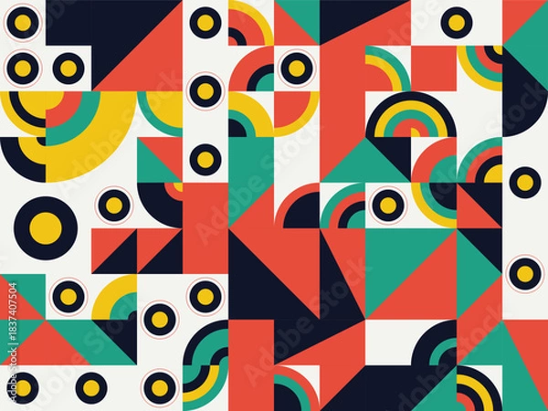 Fototapeta Colorful abstract seamless vector pattern illustration with geometric rainbow shapes and bright retro style decoration