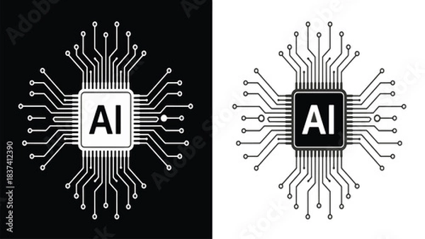 Fototapeta AI microchip vector with mirrored circuit lines for technology