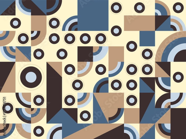 Fototapeta Vector seamless pattern illustration with colorful retro geometric circles, trees, and birds for wallpaper design backdrop decoration