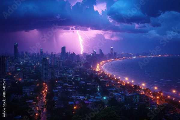 Fototapeta Thunderstorm flashing dramatically above evening city skyline creating intense atmospheric scene dark clouds lightning energy powerful urban weather mood