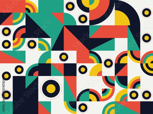 Fototapeta Colorful abstract seamless geometric pattern illustration vector design art with bright square shape texture and retro spiral decoration backdrop