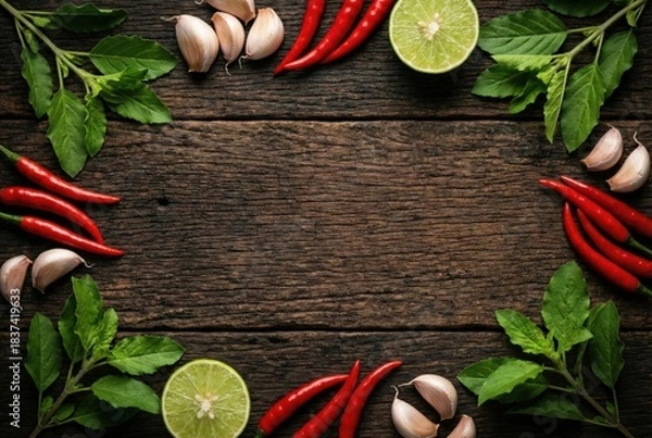 Obraz Fresh Thai food cooking ingredients frame with red chili peppers garlic cloves green lime and basil leaves on rustic dark wood texture background top view flat lay concept for spicy menu design
