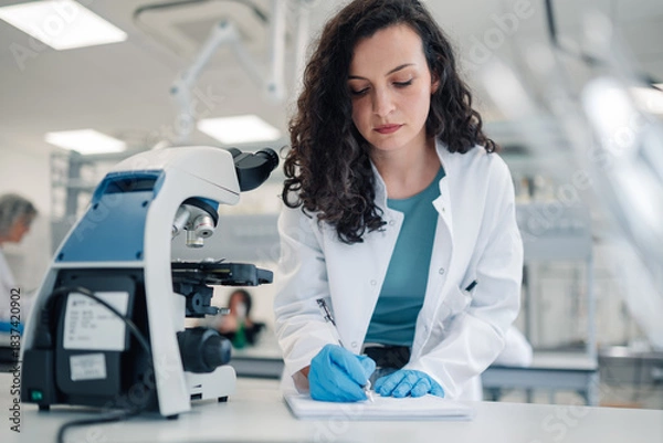 Fototapeta Female scientist writing notes in modern laboratory