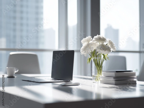 Obraz 현대적 오피스 데스크와 노트북이 연출된 깔끔한 업무 공간